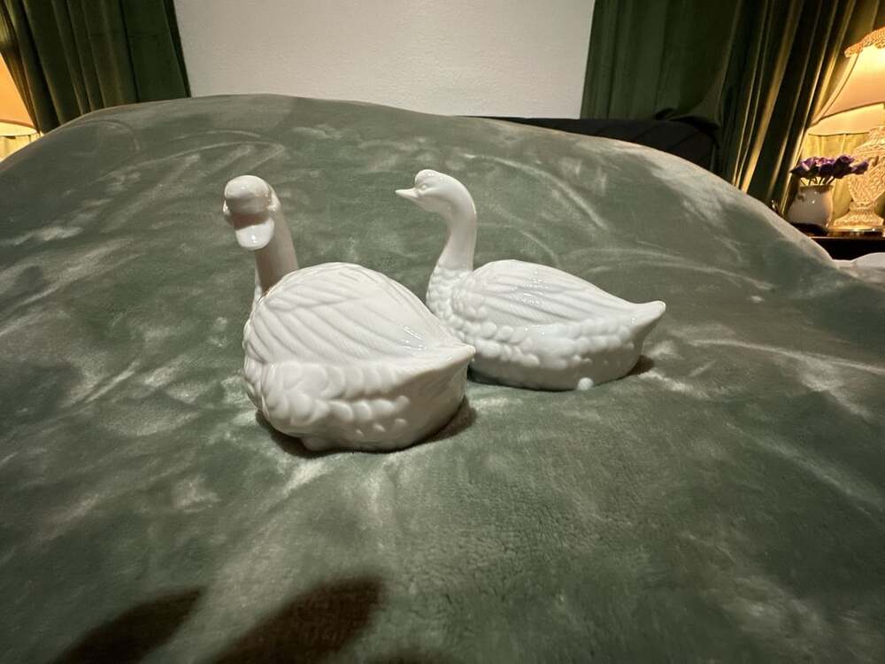 Vintage Blanc de Chine White Glaze Porcelain Geese Couple Mated Pair